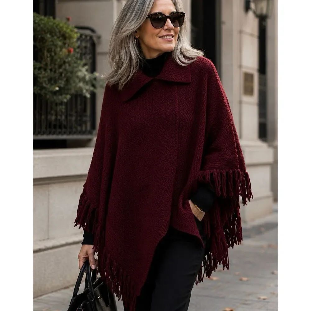 Coldwater Creek Burgundy Wool Blend Sweater Fringe Pancho Women’s One Size